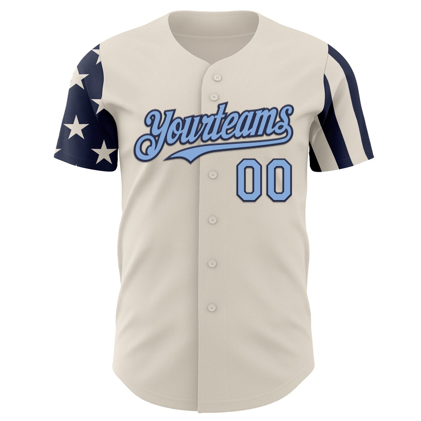 Custom Cream Light Blue-Navy Two Tone USA Flag Sleeves Stars and Stripes Authentic Baseball Jersey view 2