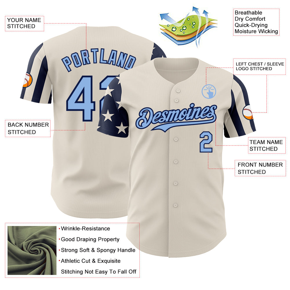 Custom Cream Light Blue-Navy Two Tone USA Flag Sleeves Stars and Stripes Authentic Baseball Jersey view 3
