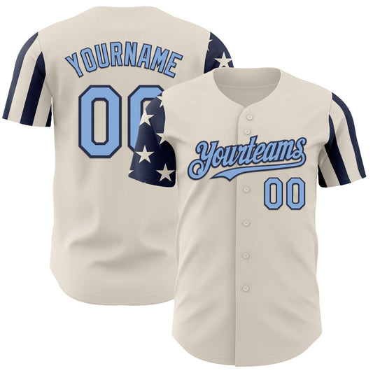Custom Cream Light Blue-Navy Two Tone USA Flag Sleeves Stars and Stripes Authentic Baseball Jersey - Main View