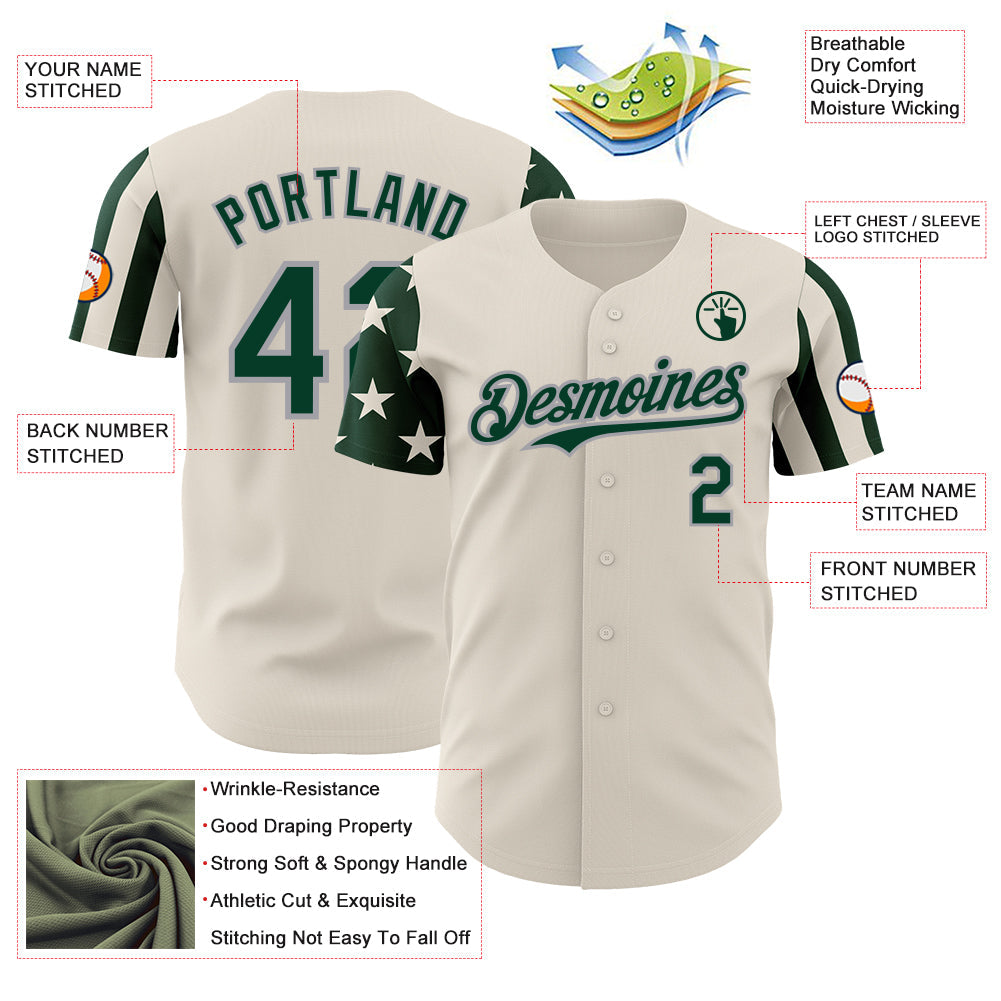 Custom Cream Green-Gray Two Tone USA Flag Sleeves Stars and Stripes Authentic Baseball Jersey view 3