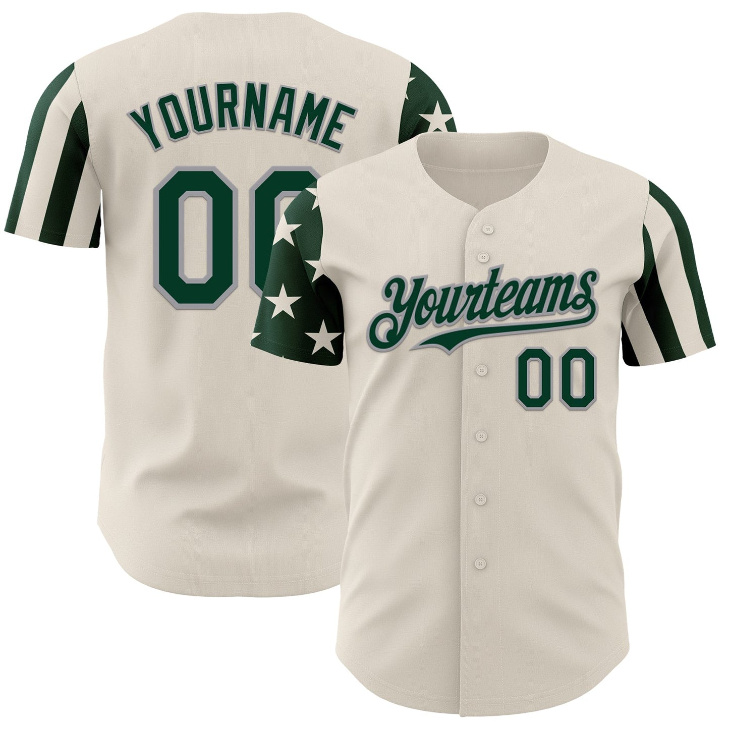 Custom Cream Green-Gray Two Tone USA Flag Sleeves Stars and Stripes Authentic Baseball Jersey - Main View