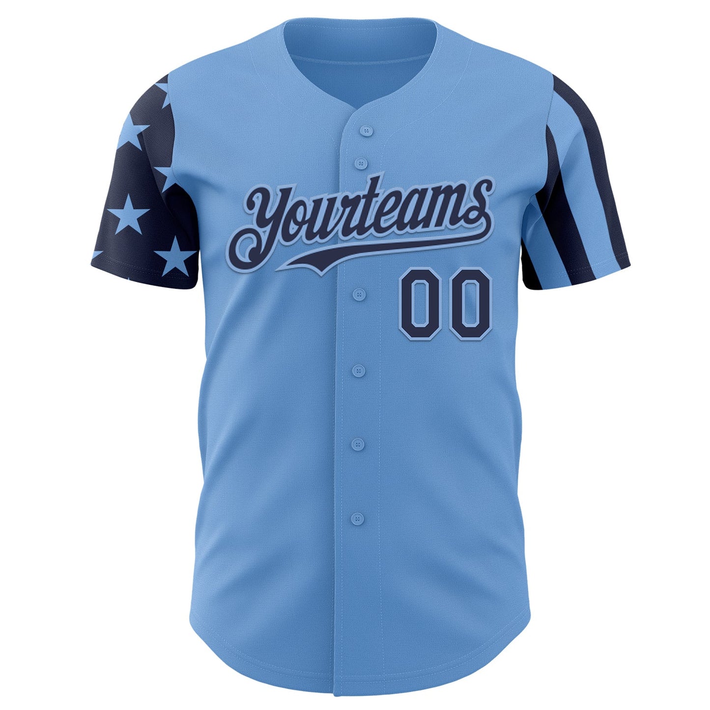 Custom Light Blue-Navy Two Tone USA Flag Sleeves Stars and Stripes Authentic Baseball Jersey view 2