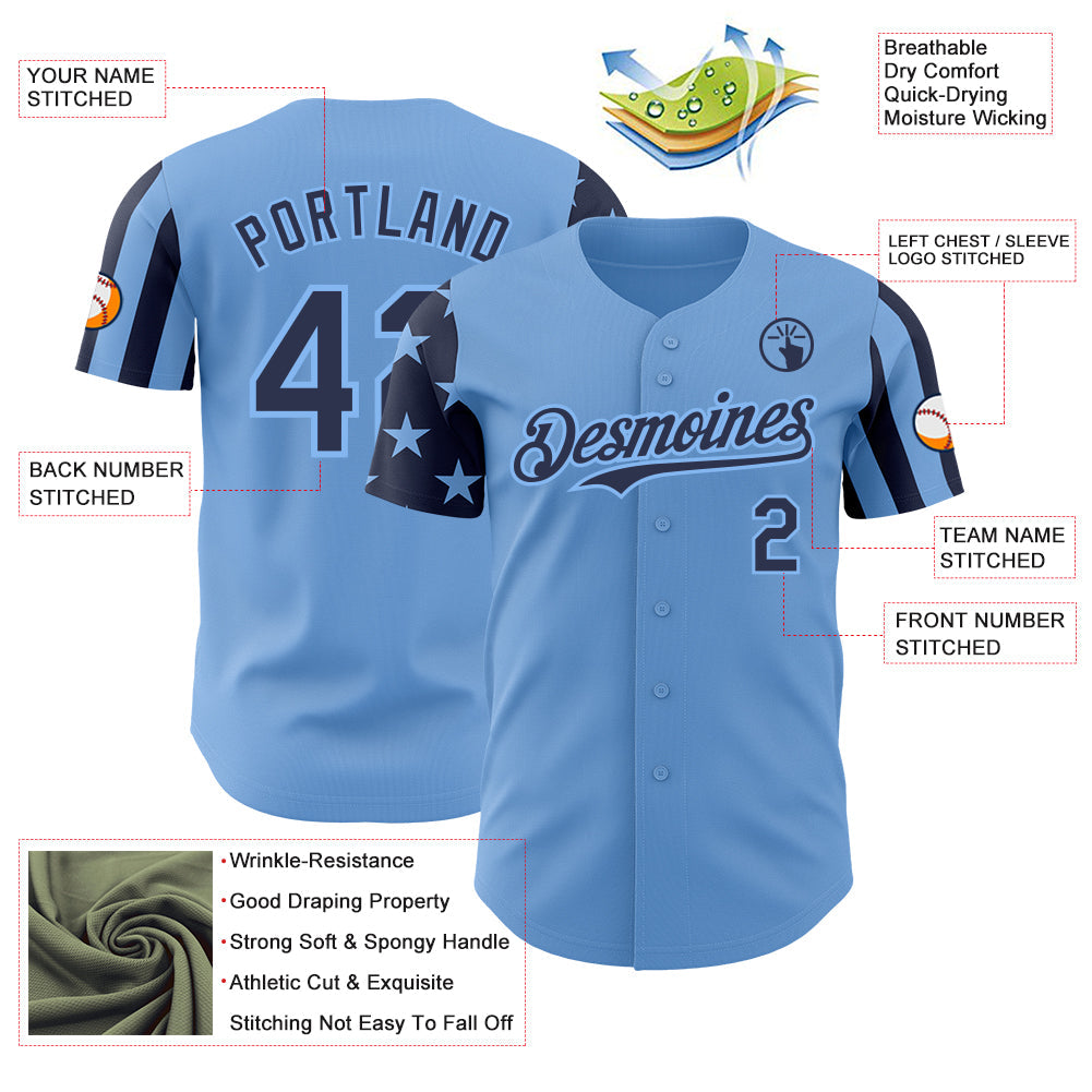 Custom Light Blue-Navy Two Tone USA Flag Sleeves Stars and Stripes Authentic Baseball Jersey view 3