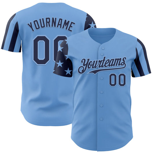 Custom Light Blue-Navy Two Tone USA Flag Sleeves Stars and Stripes Authentic Baseball Jersey - Main View