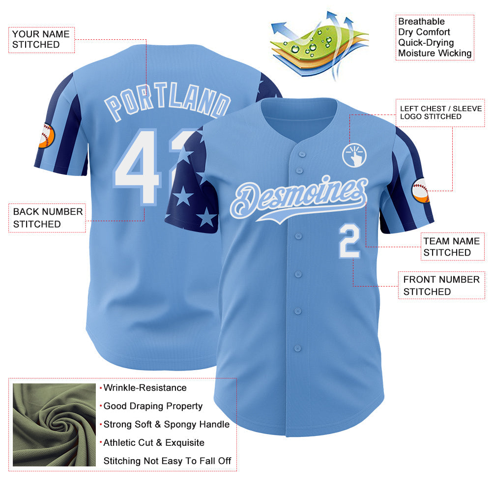 Custom Light Blue White-Royal Two Tone USA Flag Sleeves Stars and Stripes Authentic Baseball Jersey view 3
