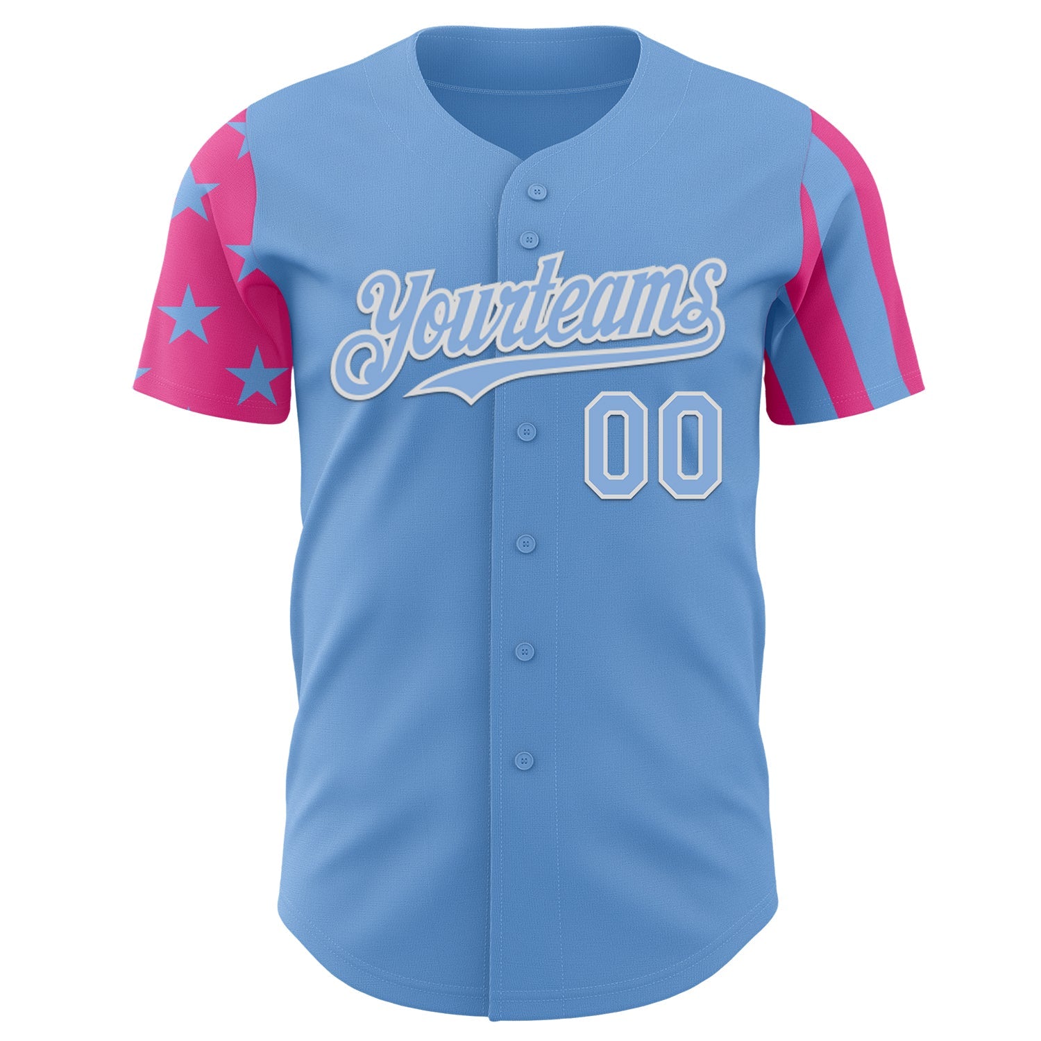 Custom Light Blue Pink-White Two Tone USA Flag Sleeves Stars and Stripes Authentic Baseball Jersey view 2