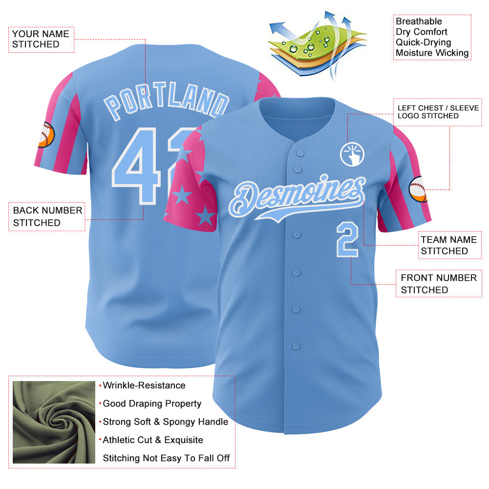 Custom Light Blue Pink-White Two Tone USA Flag Sleeves Stars and Stripes Authentic Baseball Jersey view 3