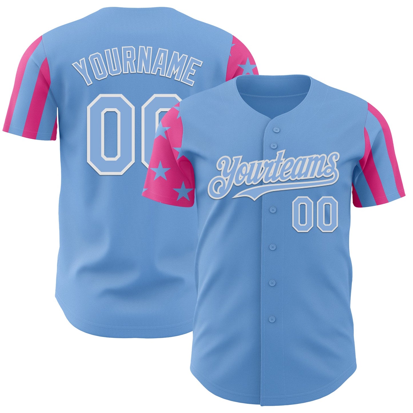 Custom Light Blue Pink-White Two Tone USA Flag Sleeves Stars and Stripes Authentic Baseball Jersey - Main View