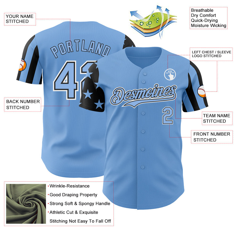 Custom Light Blue Black-White Two Tone USA Flag Sleeves Stars and Stripes Authentic Baseball Jersey view 3