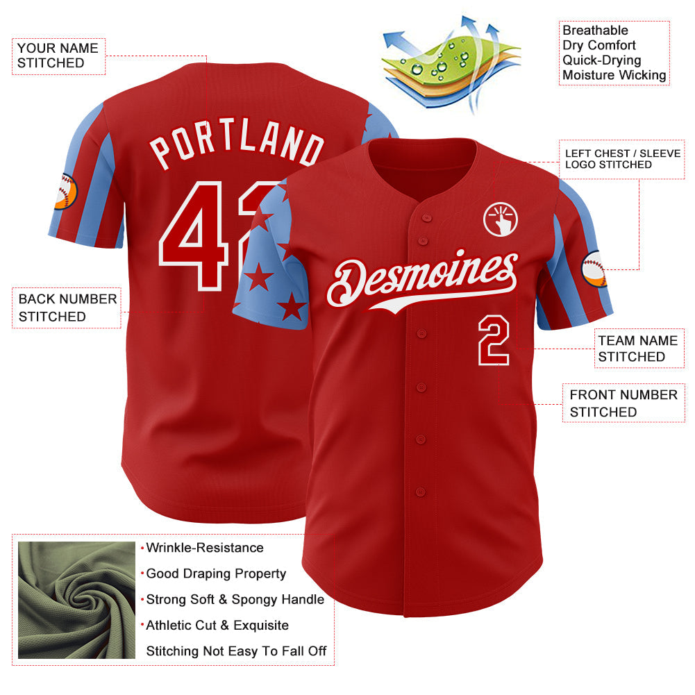 Custom Red Powder Blue-White Two Tone USA Flag Sleeves Stars and Stripes Authentic Baseball Jersey view 3