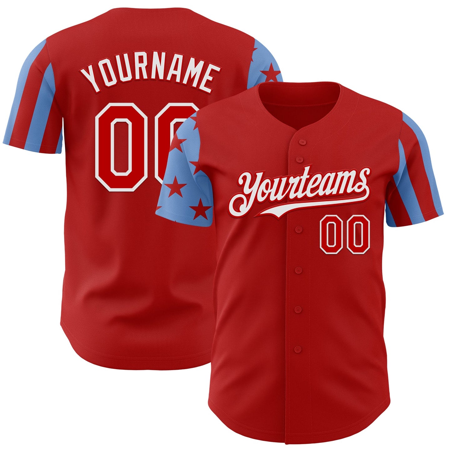 Custom Red Powder Blue-White Two Tone USA Flag Sleeves Stars and Stripes Authentic Baseball Jersey - Main View