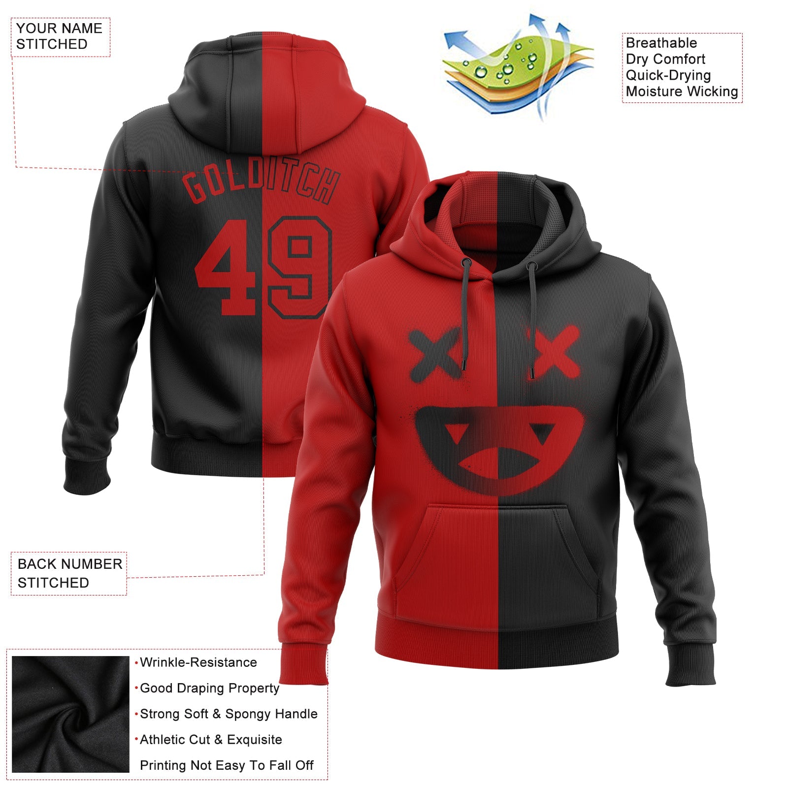 Custom Stitched Black Red 3D Skull Fashion Sports Pullover Sweatshirt Hoodie view 2