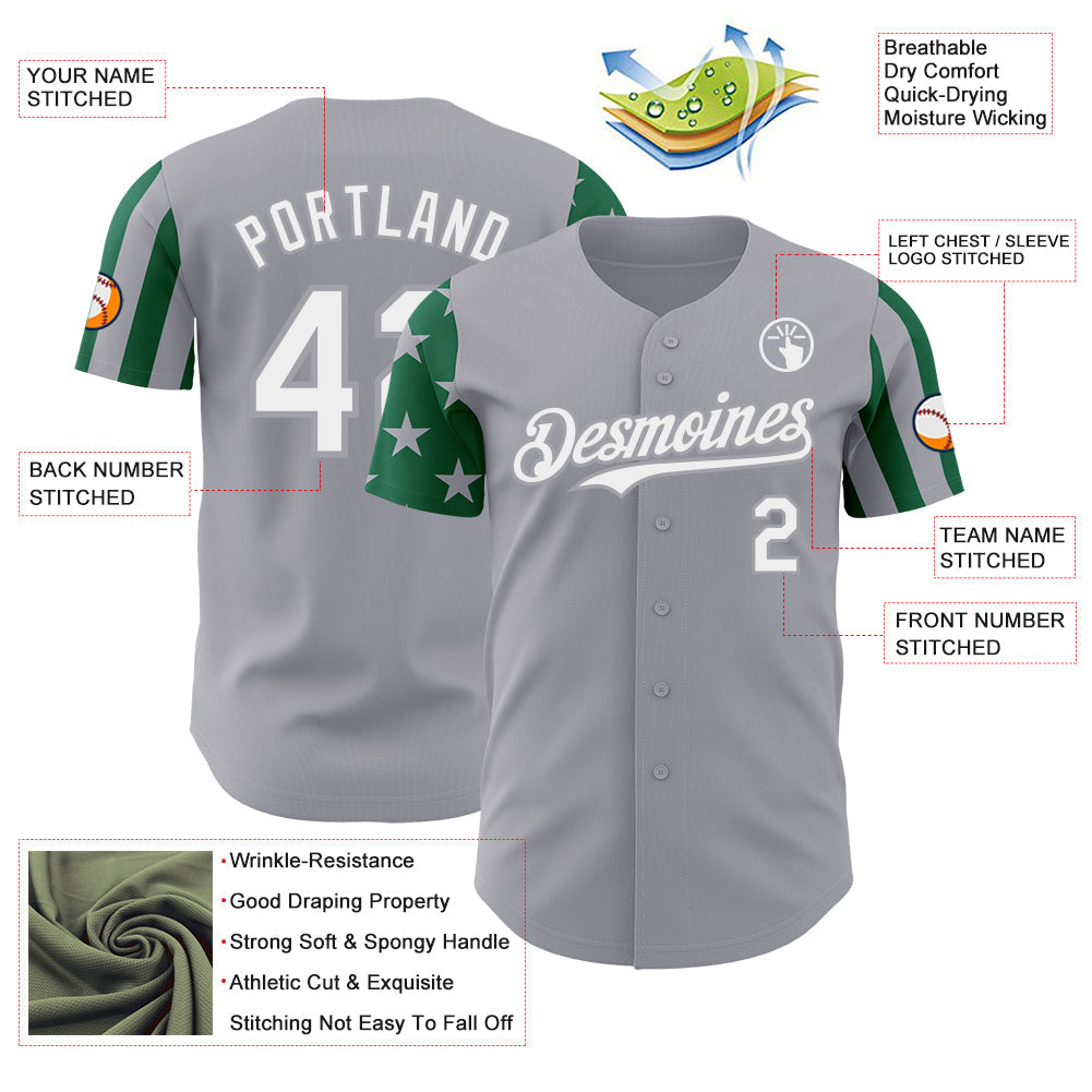 Custom Gray White-Kelly Green Two Tone USA Flag Sleeves Stars and Stripes Authentic Baseball Jersey view 3