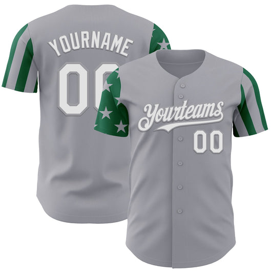 Custom Gray White-Kelly Green Two Tone USA Flag Sleeves Stars and Stripes Authentic Baseball Jersey - Main View