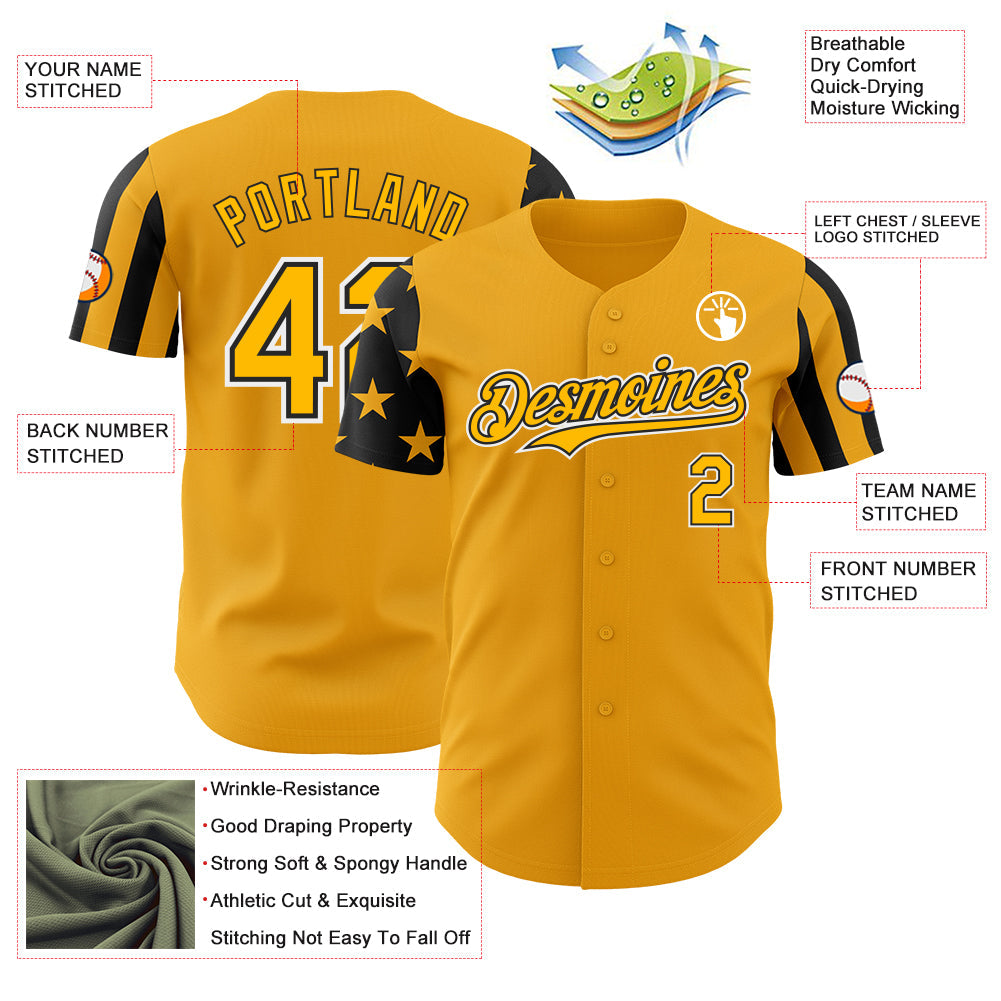Custom Gold Black-White Two Tone USA Flag Sleeves Stars and Stripes Authentic Baseball Jersey view 3