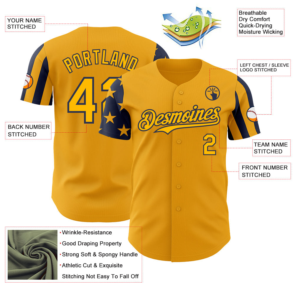 Custom Gold-Navy Two Tone USA Flag Sleeves Stars and Stripes Authentic Baseball Jersey view 3