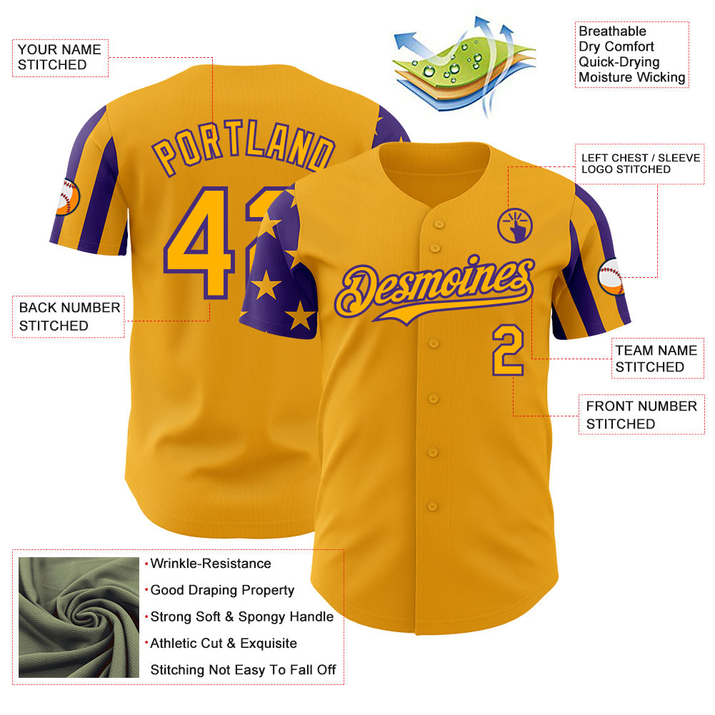 Custom Gold-Purple Two Tone USA Flag Sleeves Stars and Stripes Authentic Baseball Jersey view 3