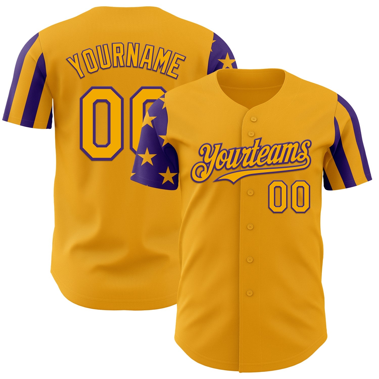 Custom Gold-Purple Two Tone USA Flag Sleeves Stars and Stripes Authentic Baseball Jersey - Main View