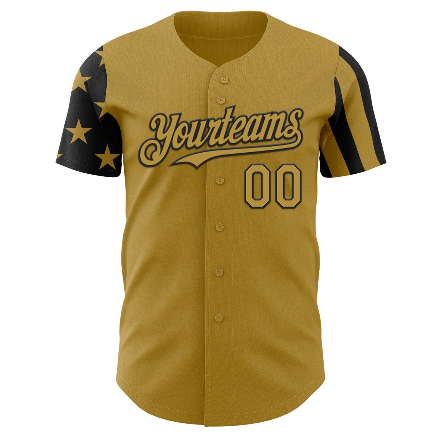 Custom Old Gold-Black Two Tone USA Flag Sleeves Stars and Stripes Authentic Baseball Jersey view 2
