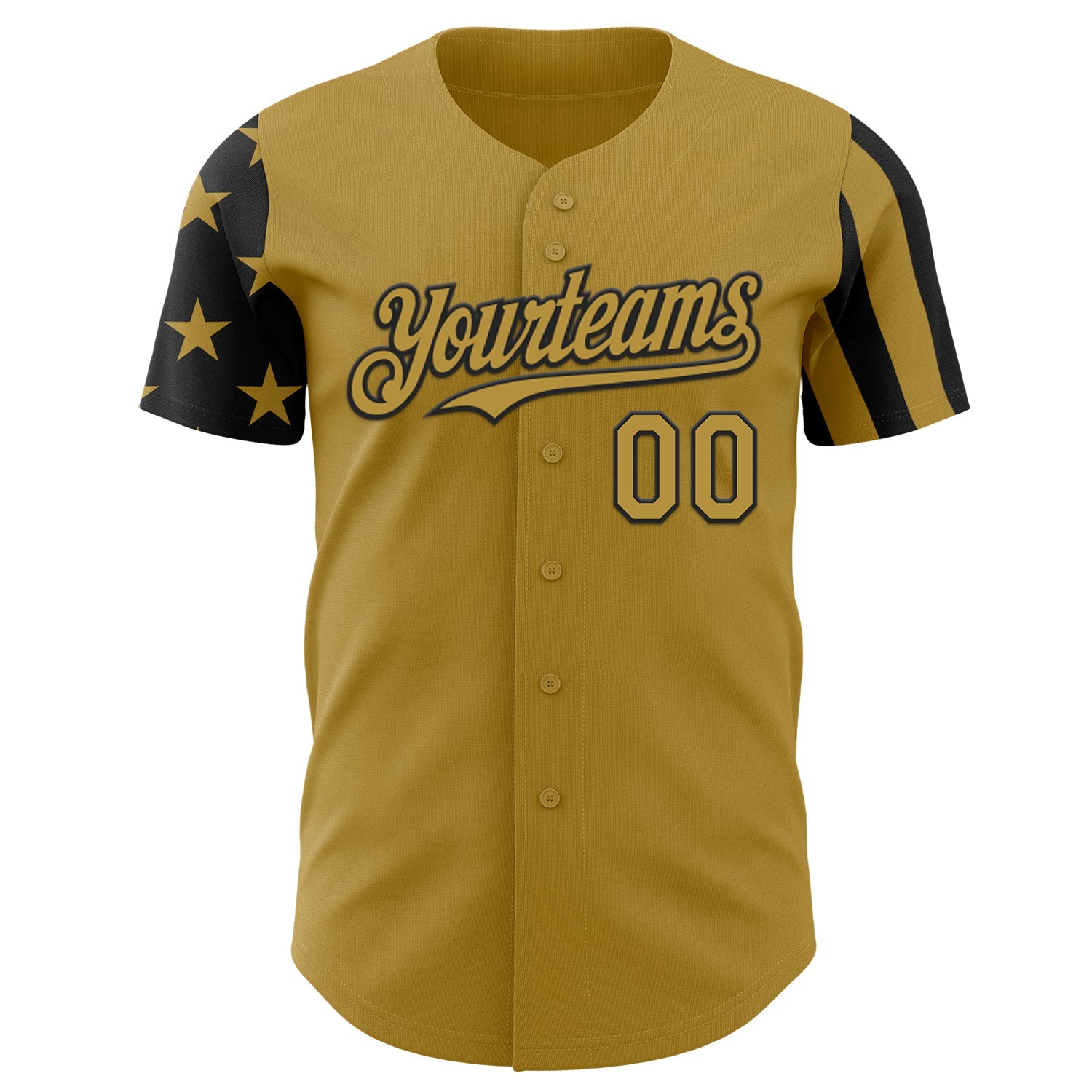 Custom Old Gold-Black Two Tone USA Flag Sleeves Stars and Stripes Authentic Baseball Jersey view 2