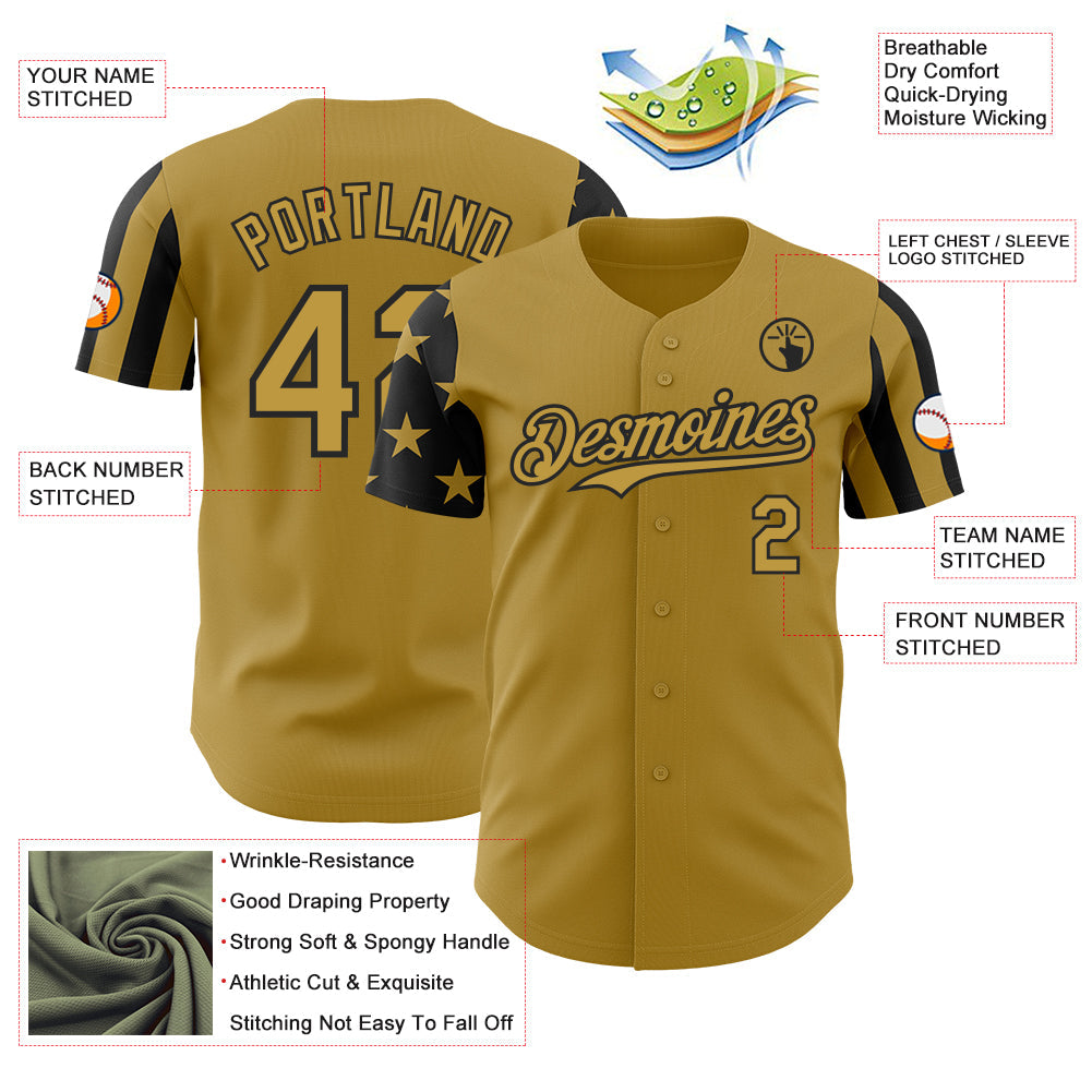 Custom Old Gold-Black Two Tone USA Flag Sleeves Stars and Stripes Authentic Baseball Jersey view 3