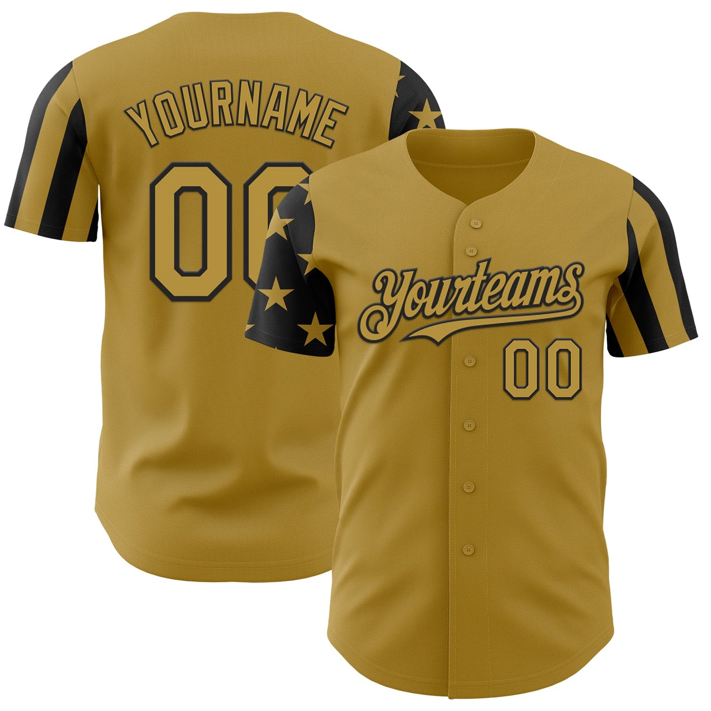 Custom Old Gold-Black Two Tone USA Flag Sleeves Stars and Stripes Authentic Baseball Jersey - Main View