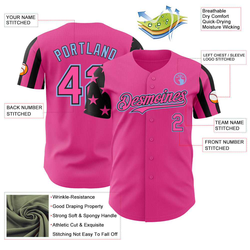 Custom Pink Black-Light Blue Two Tone USA Flag Sleeves Stars and Stripes Authentic Baseball Jersey view 3