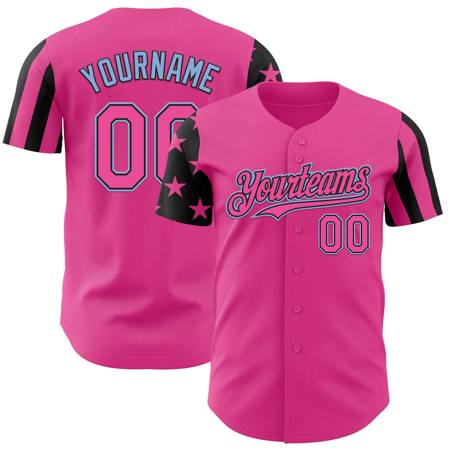 Custom Pink Black-Light Blue Two Tone USA Flag Sleeves Stars and Stripes Authentic Baseball Jersey - Main View