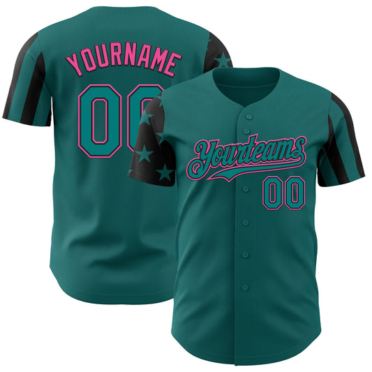 Custom Teal Black-Pink Two Tone USA Flag Sleeves Stars and Stripes Authentic Baseball Jersey - Main View