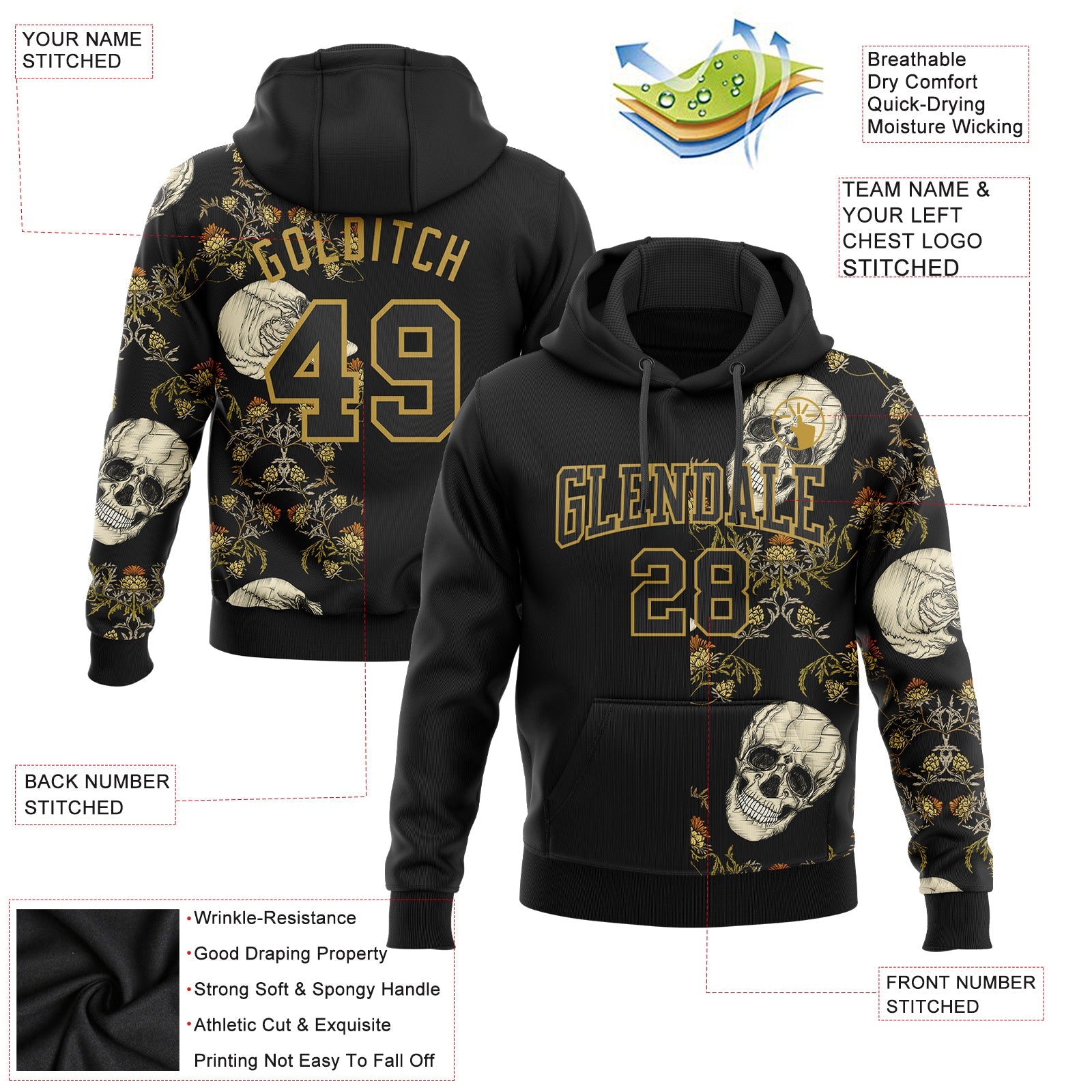 Custom Stitched Black Old Gold 3D Skull Fashion Plant Sports Pullover Sweatshirt Hoodie view 2