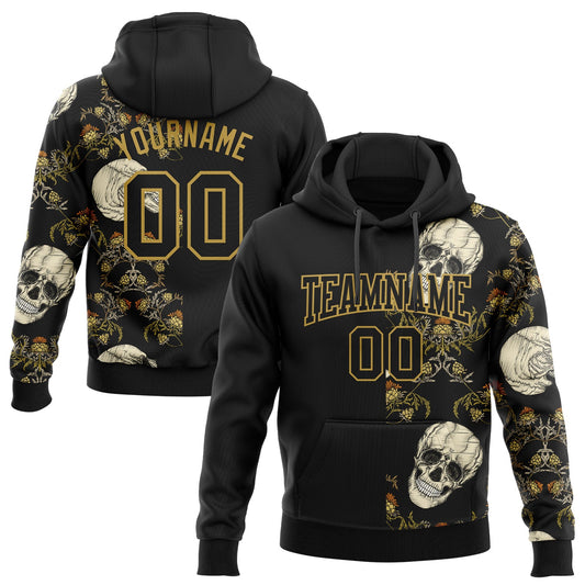 Custom Stitched Black Old Gold 3D Skull Fashion Plant Sports Pullover Sweatshirt Hoodie - Main View