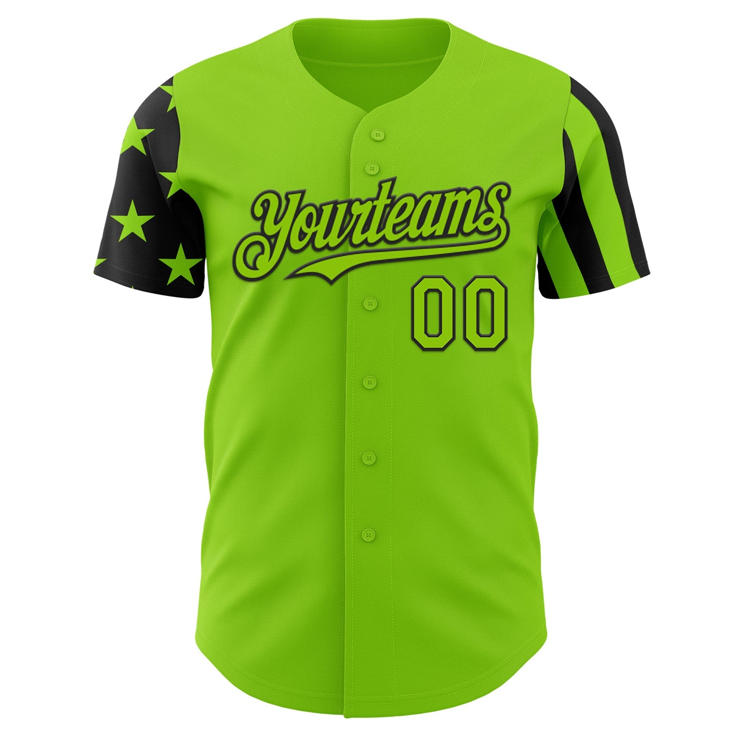 Custom Neon Green-Black Two Tone USA Flag Sleeves Stars and Stripes Authentic Baseball Jersey view 2