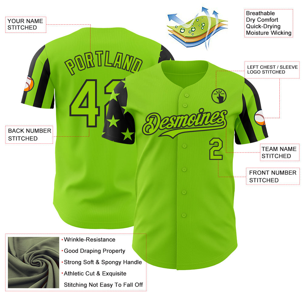 Custom Neon Green-Black Two Tone USA Flag Sleeves Stars and Stripes Authentic Baseball Jersey view 3