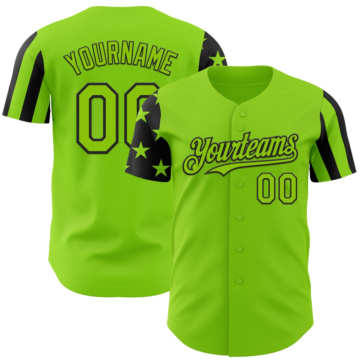 Custom Neon Green-Black Two Tone USA Flag Sleeves Stars and Stripes Authentic Baseball Jersey - Main View