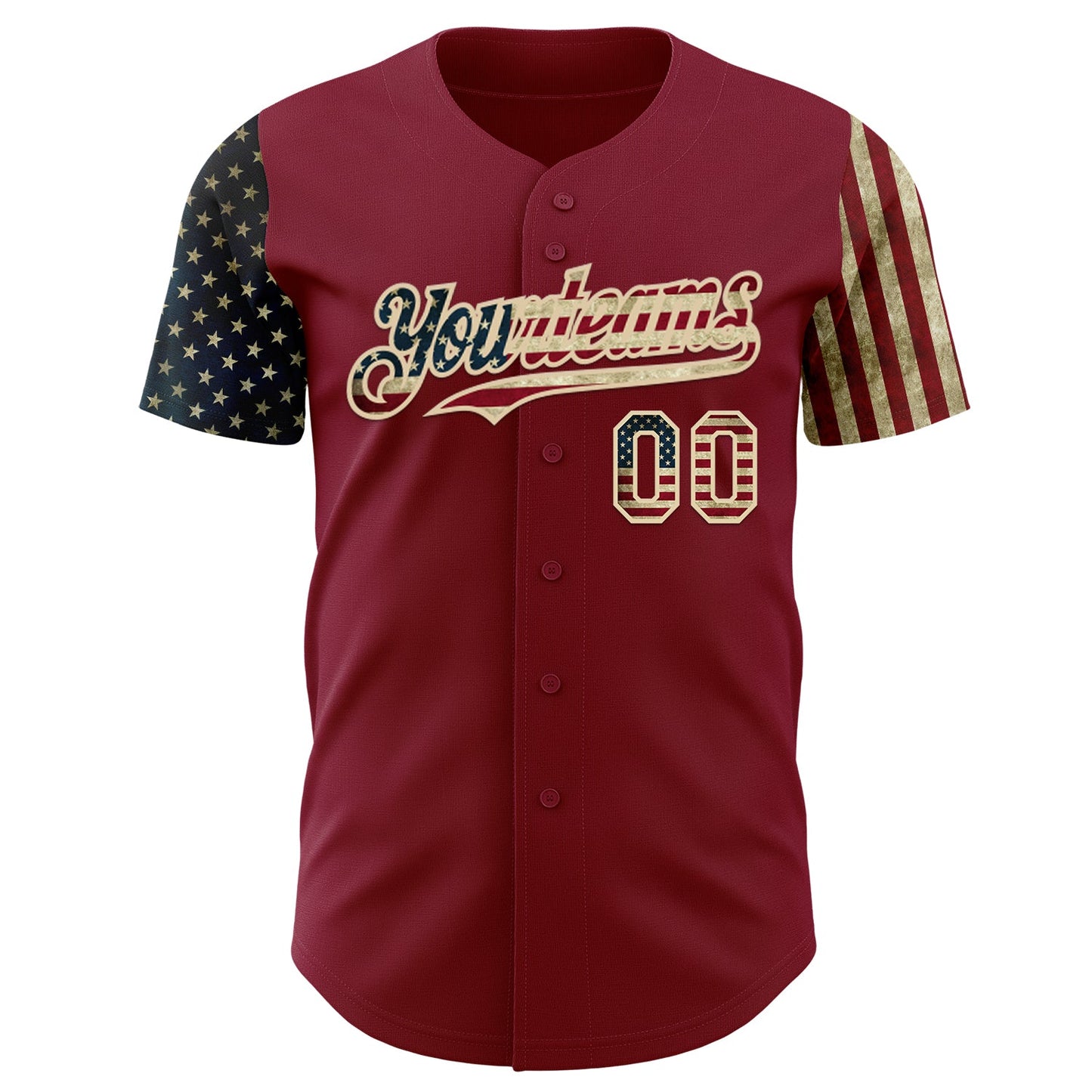 Custom Crimson Vintage USA Flag-City Cream Two Tone USA Flag Sleeves Stars and Stripes Authentic Baseball Jersey view 2