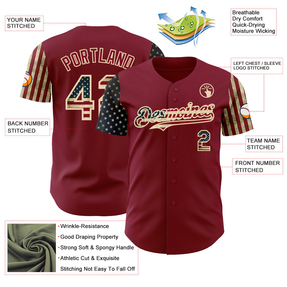 Custom Crimson Vintage USA Flag-City Cream Two Tone USA Flag Sleeves Stars and Stripes Authentic Baseball Jersey view 3
