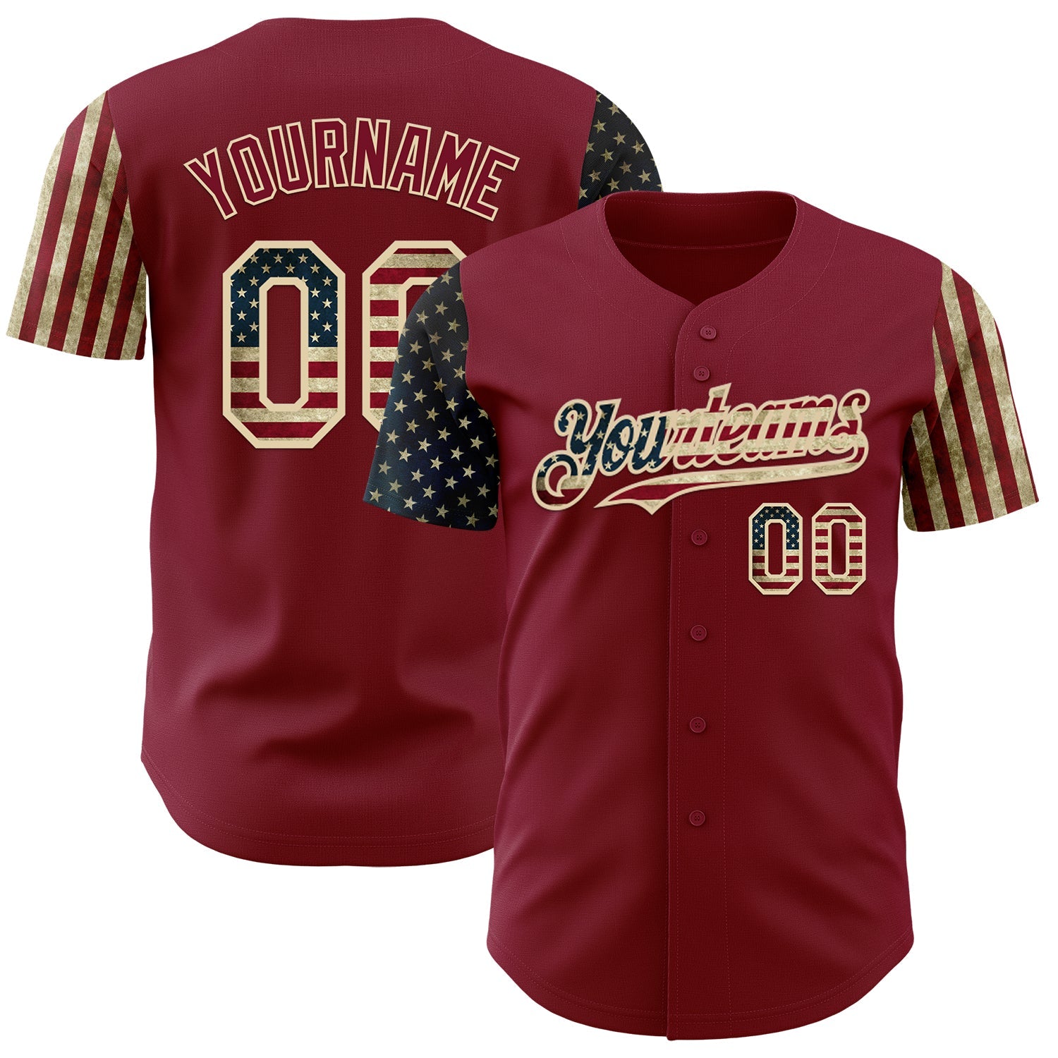 Custom Crimson Vintage USA Flag-City Cream Two Tone USA Flag Sleeves Stars and Stripes Authentic Baseball Jersey - Main View