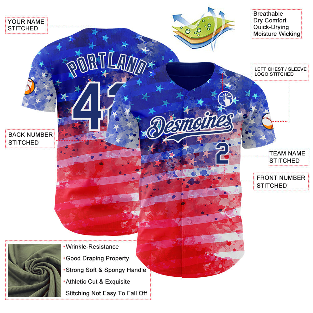 Custom Royal Red-White American Flag Patriotic Authentic Baseball Jersey view 3