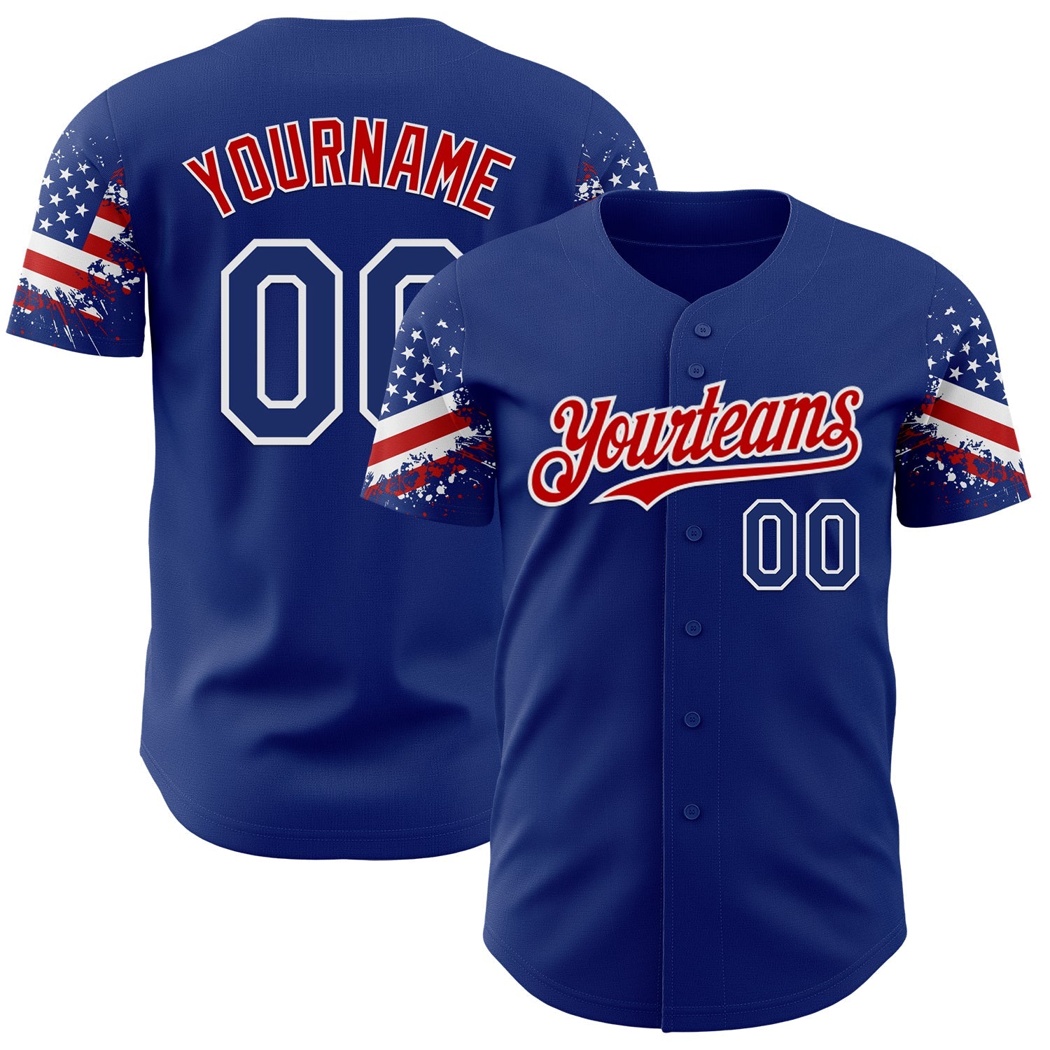 Custom Royal Red-White Two Tone USA Flag Sleeves Stars and Stripes Authentic Baseball Jersey - Main View