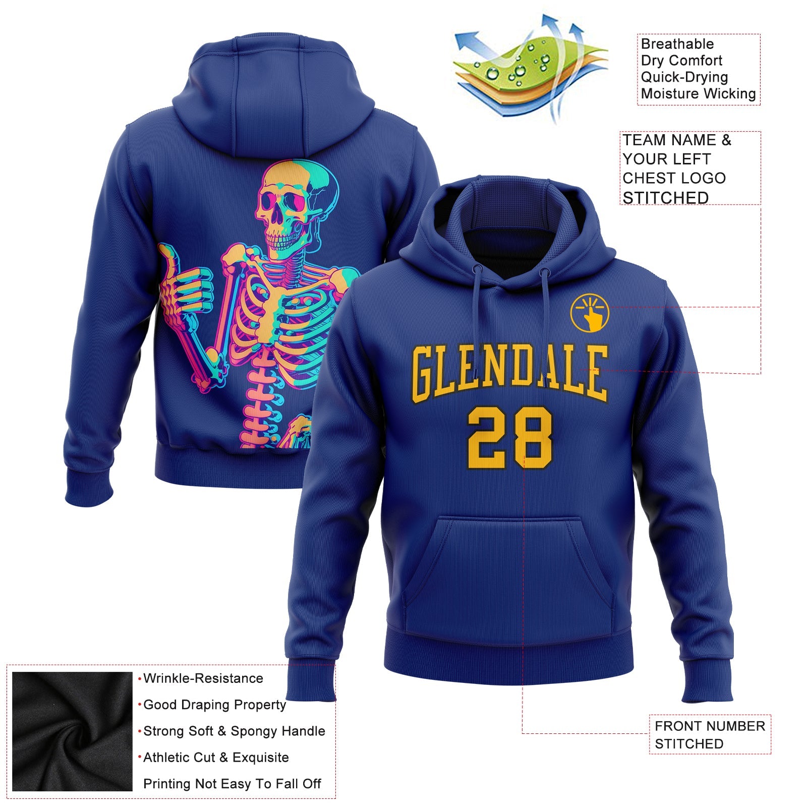 Custom Stitched Royal Gold-Black 3D Skull Fashion Sports Pullover Sweatshirt Hoodie view 2