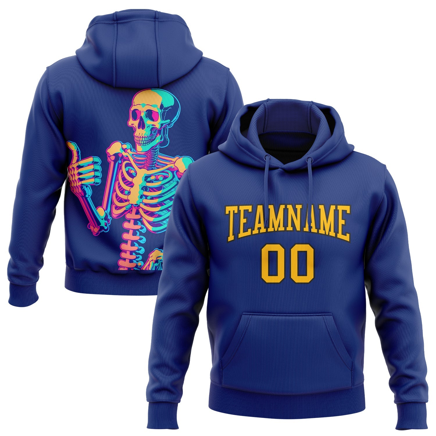 Custom Stitched Royal Gold-Black 3D Skull Fashion Sports Pullover Sweatshirt Hoodie - Main View