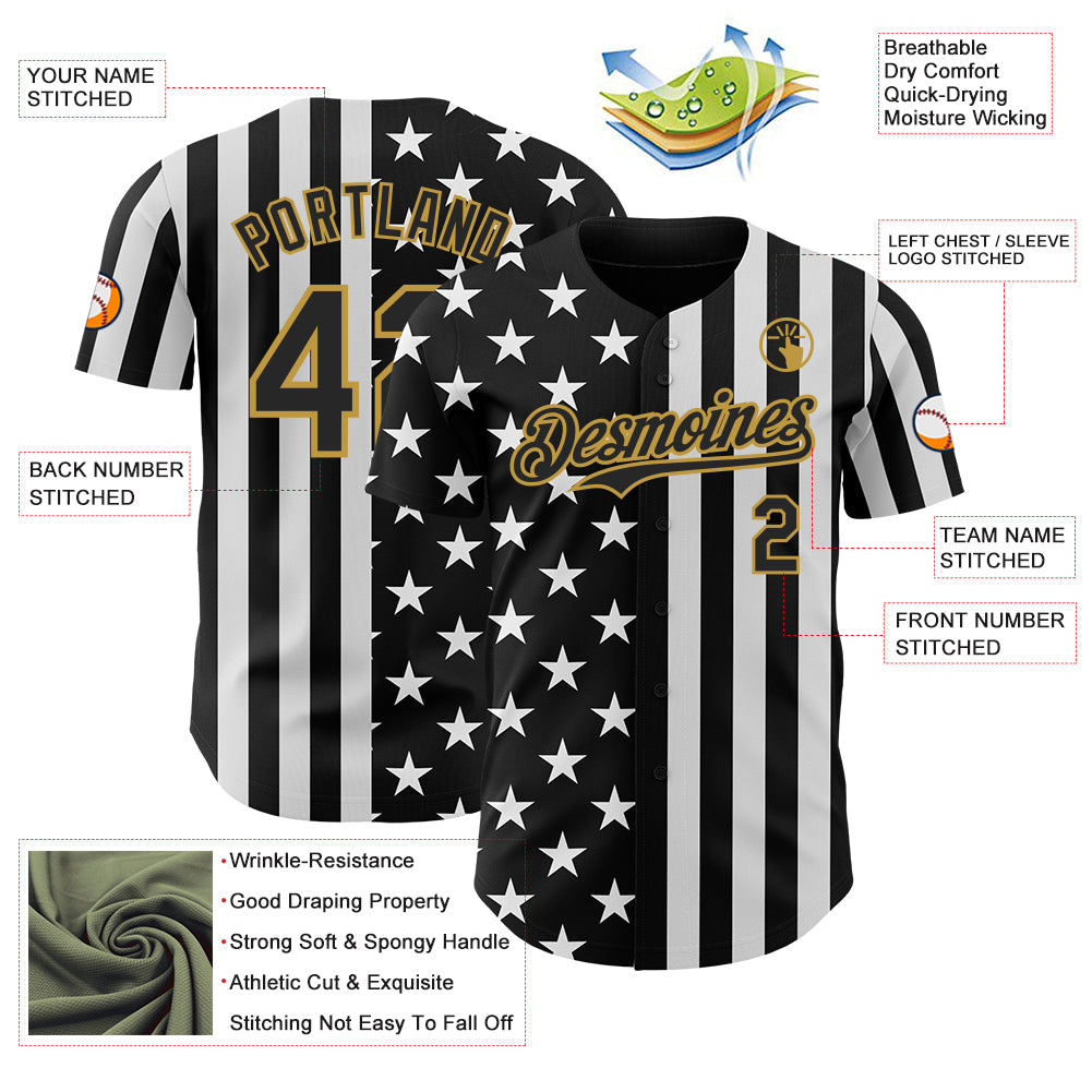 Custom Black White-Old Gold USA Flag Patriotic Split Stars and Stripes Authentic Baseball Jersey view 3