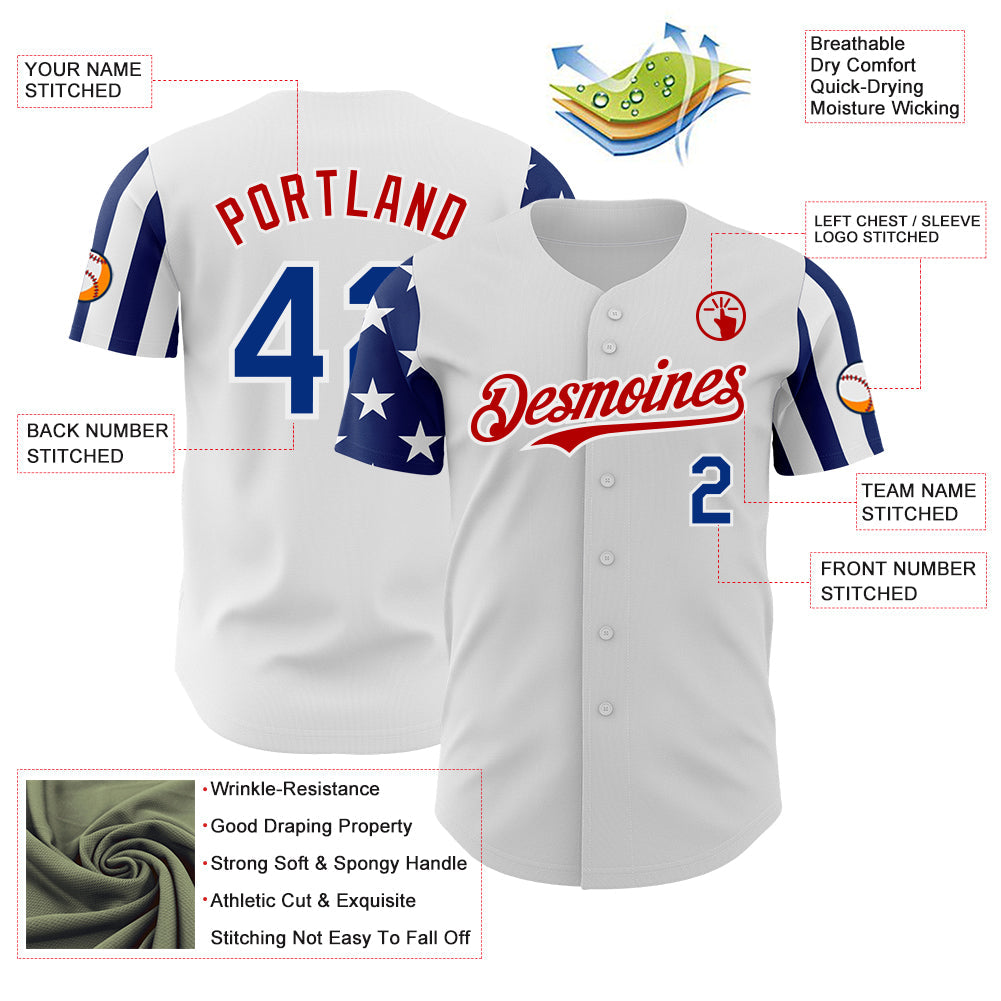 Custom White Royal-Red Two Tone USA Flag Sleeves Stars and Stripes Authentic Baseball Jersey view 3