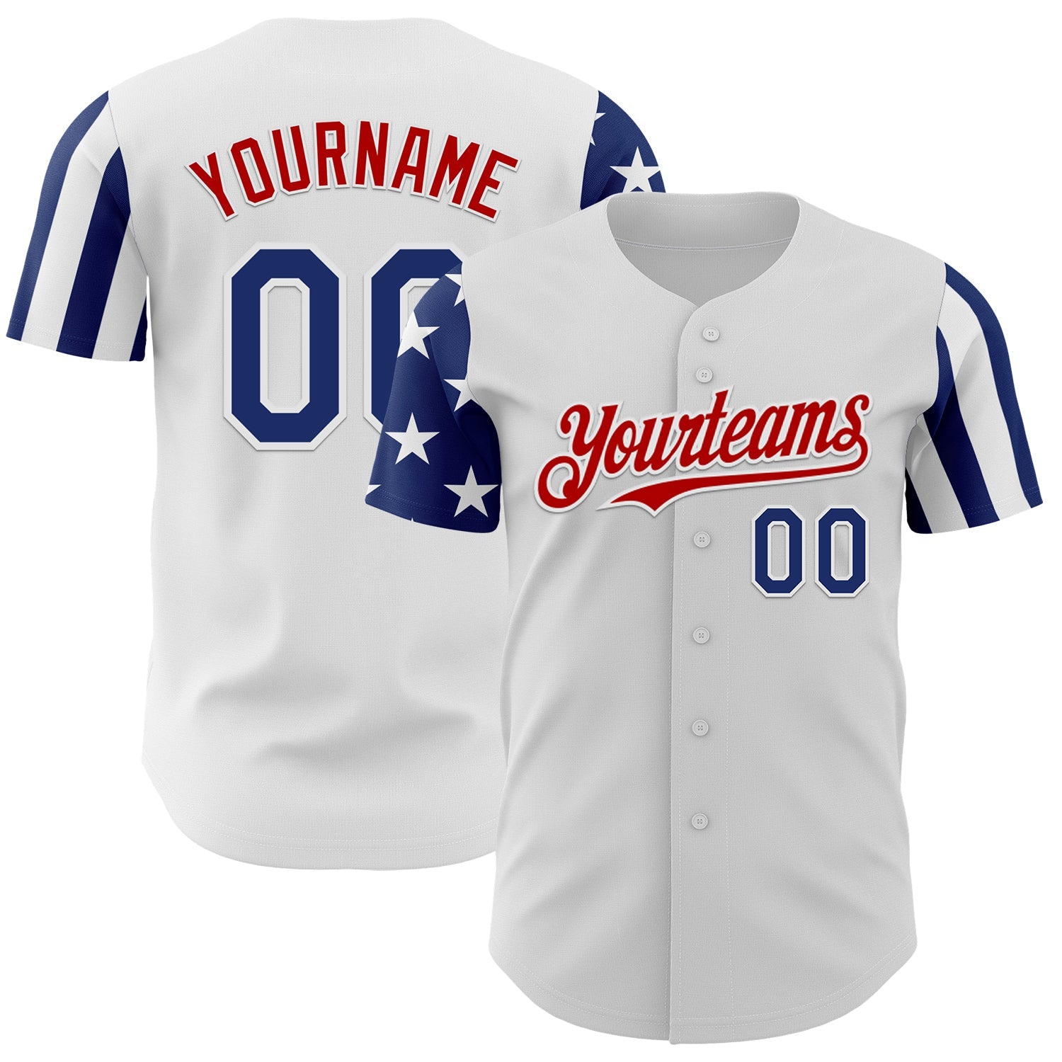 Custom White Royal-Red Two Tone USA Flag Sleeves Stars and Stripes Authentic Baseball Jersey - Main View
