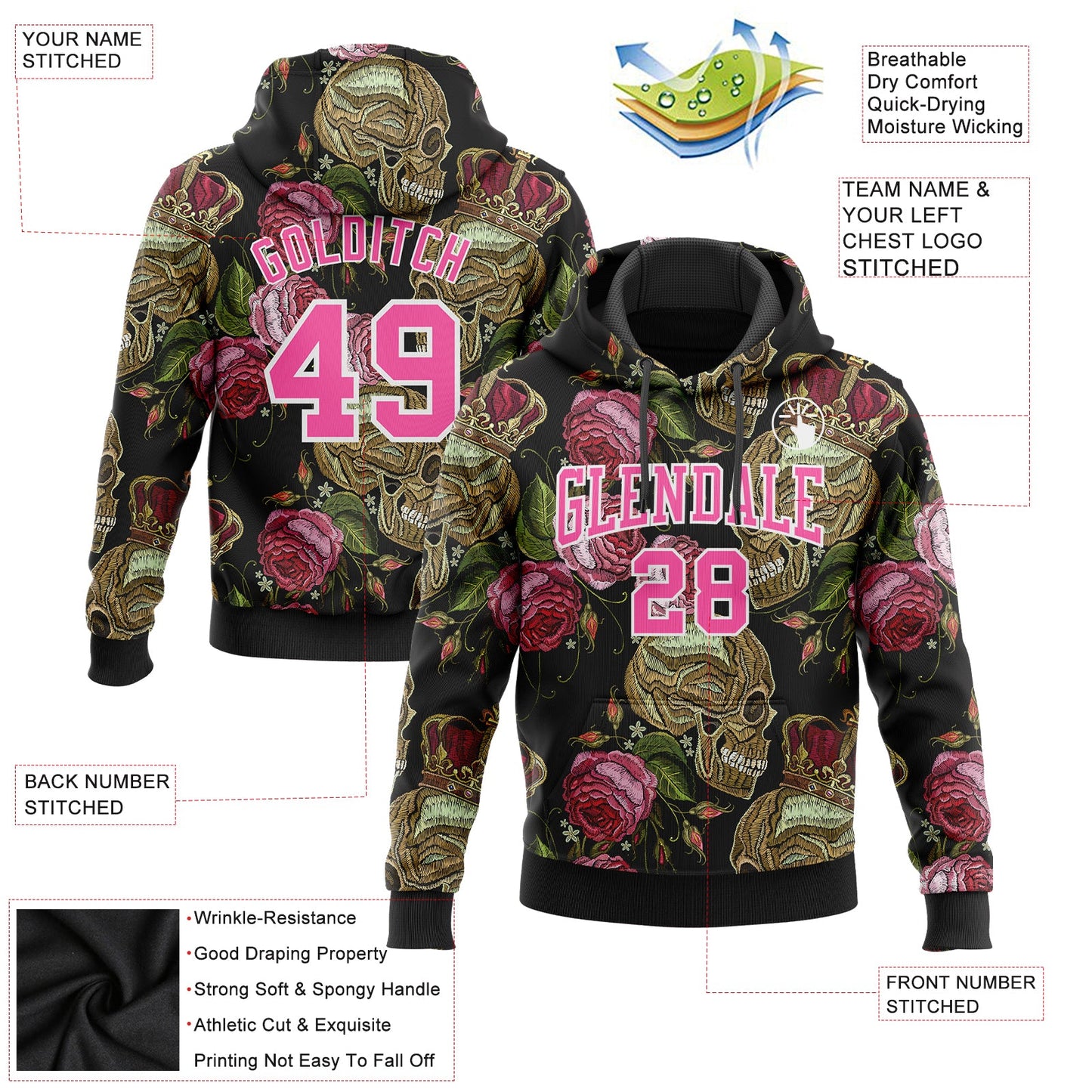 Custom Stitched Black Pink-White 3D Skull Fashion Flower Sports Pullover Sweatshirt Hoodie view 2