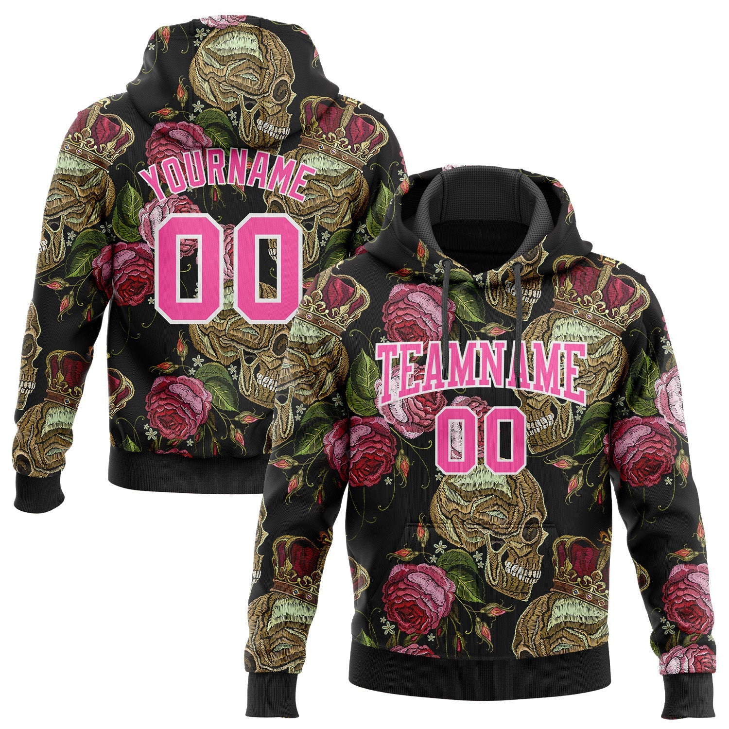 Custom Stitched Black Pink-White 3D Skull Fashion Flower Sports Pullover Sweatshirt Hoodie - Main View