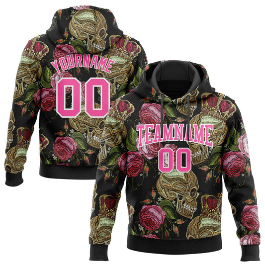 Custom Stitched Black Pink-White 3D Skull Fashion Flower Sports Pullover Sweatshirt Hoodie - Main View