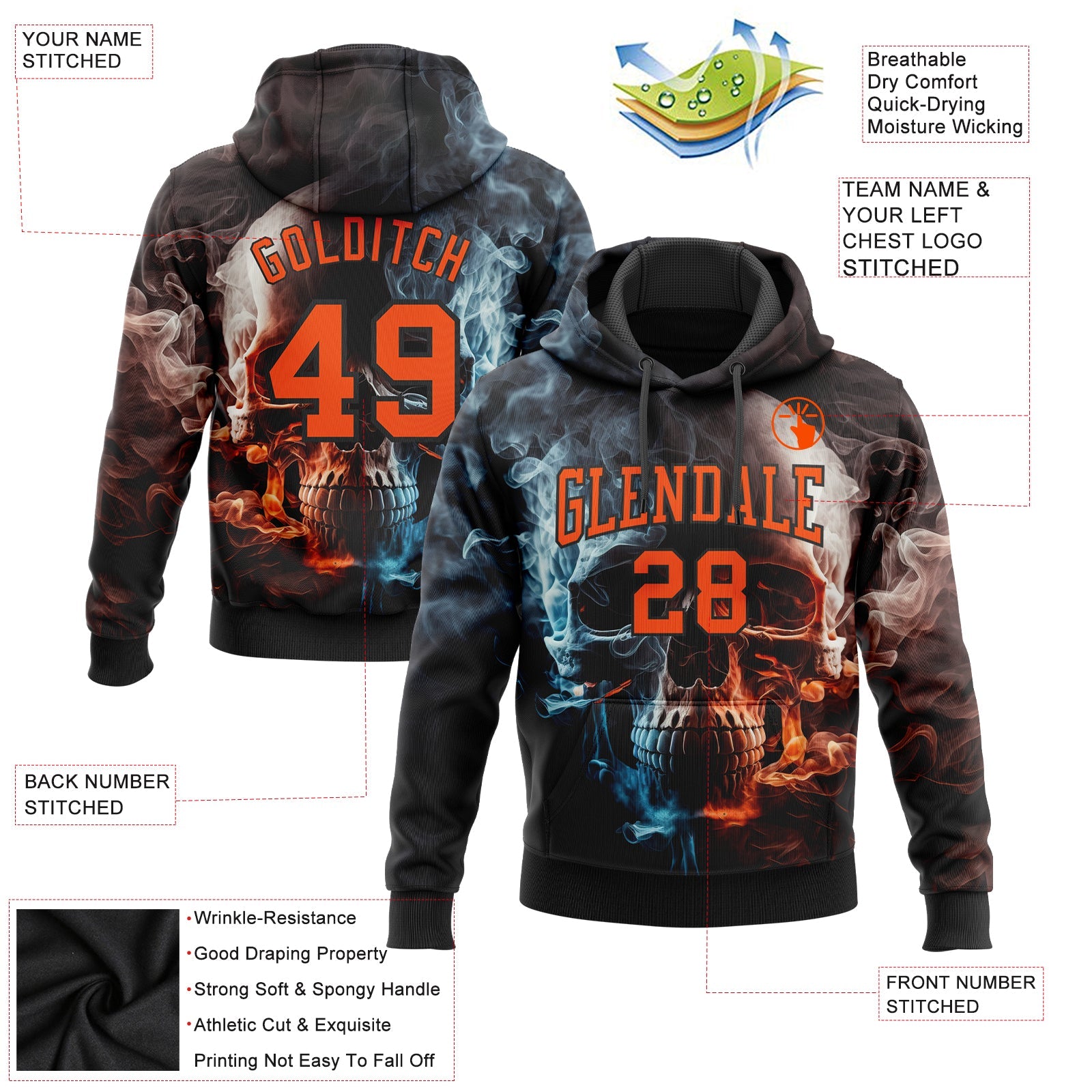 Custom Stitched Black Orange 3D Skull Fashion Sports Pullover Sweatshirt Hoodie view 2