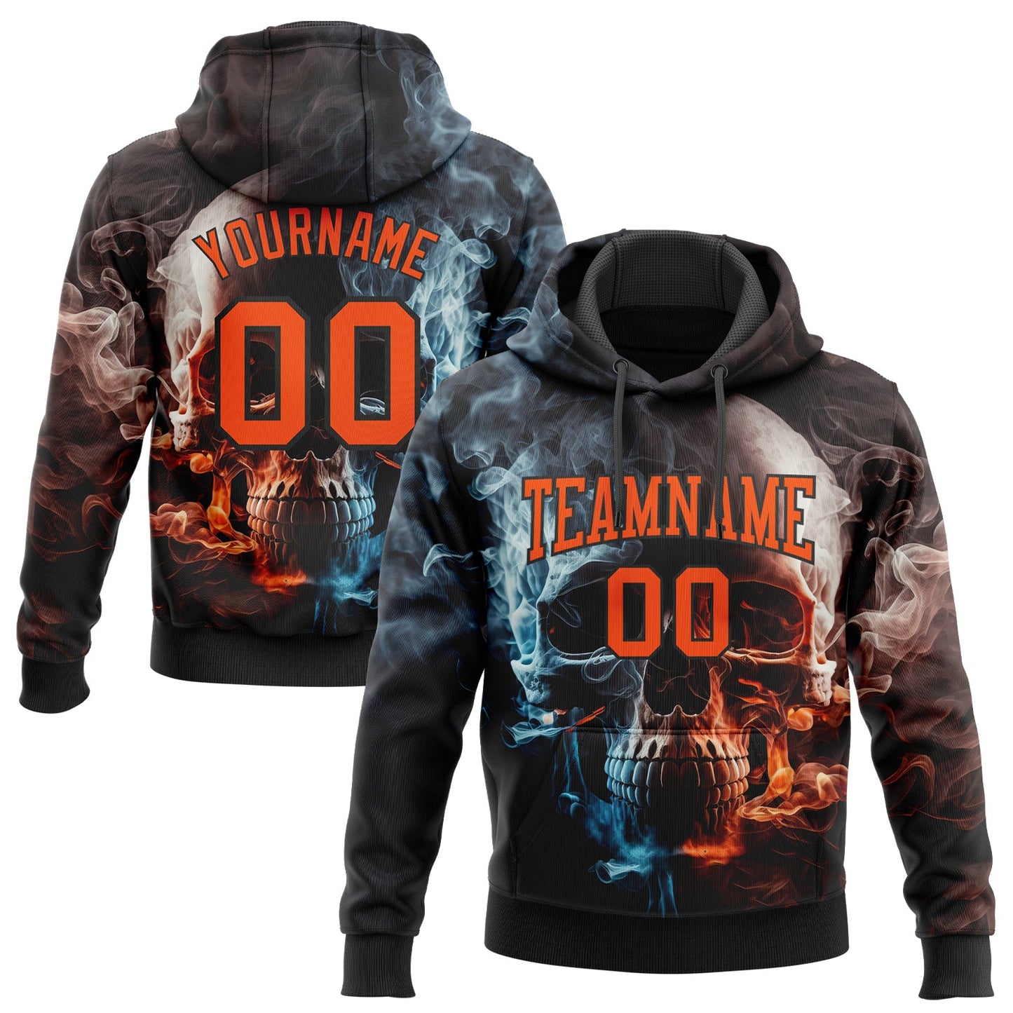Custom Stitched Black Orange 3D Skull Fashion Sports Pullover Sweatshirt Hoodie - Main View