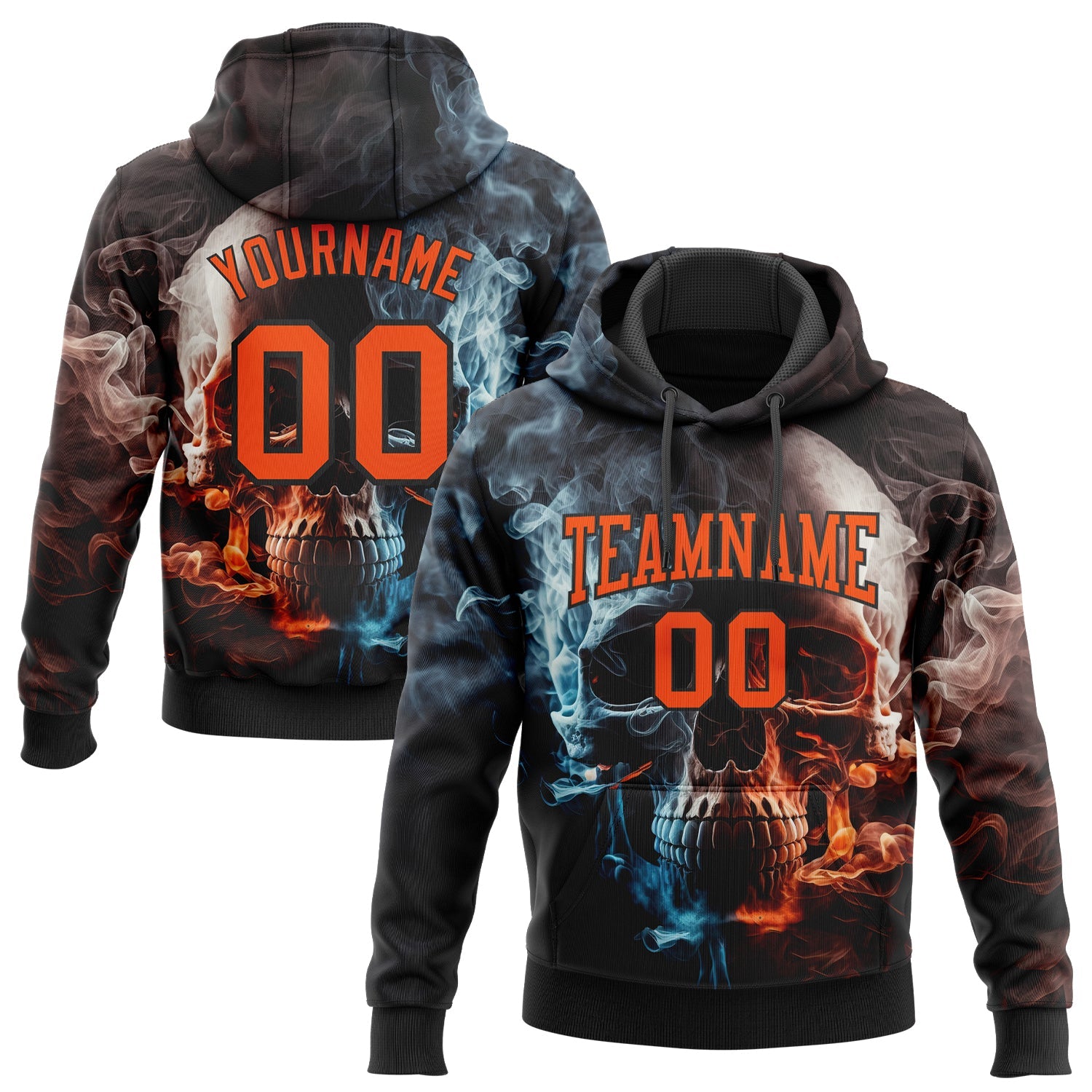 Custom Stitched Black Orange 3D Skull Fashion Sports Pullover Sweatshirt Hoodie - Main View